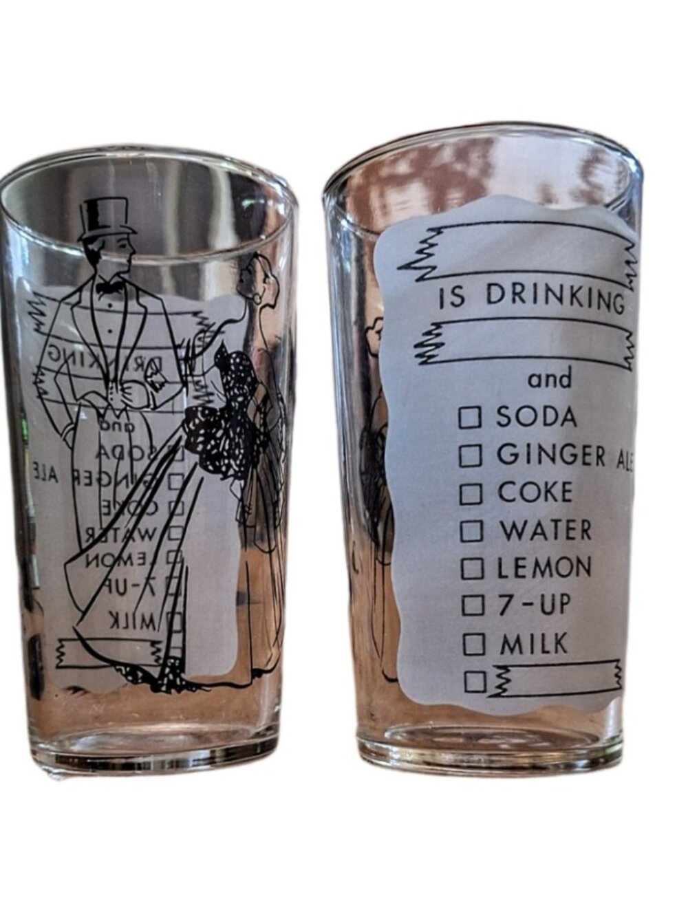 2 Vintage Federal Glass Barware Cocktail Glasses Top Hat Couple Design EUC